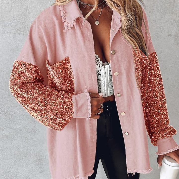 NENITA™ - Chic Oversized Sequin Hem Collared Button Down Jacket